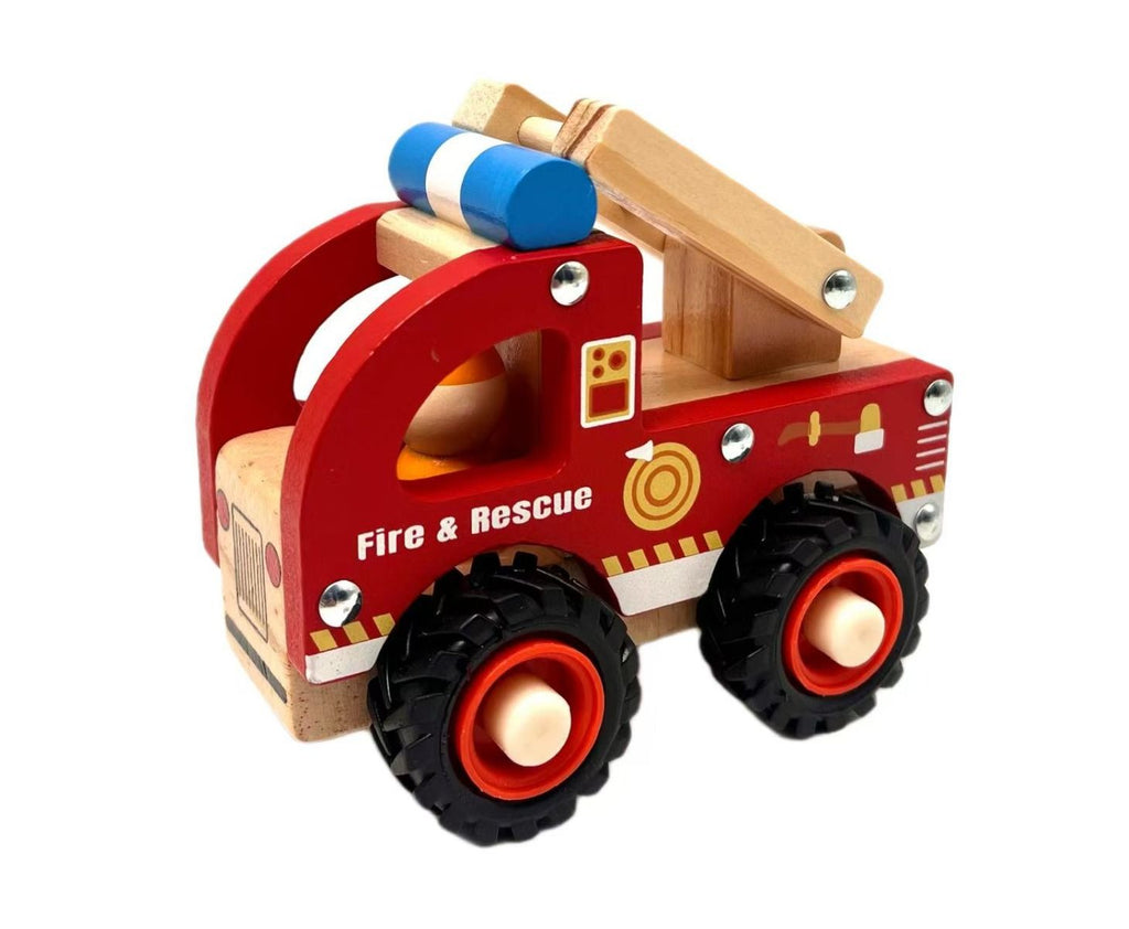 Wooden red fire engine toy with movable ladder and black chunky wheels.