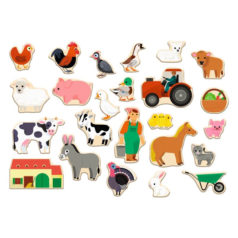 Flat lay of Djeco Farmix magnetic set showing all 24 wooden farm-themed pieces including animals, a tractor, a farmer, and farm accessories for open-ended play.