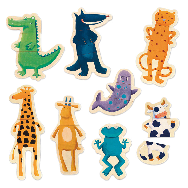 Flat lay of Djeco Crazy Animals set featuring all 24 wooden magnetic pieces including giraffes, crocodiles, cows, and more for imaginative animal mixing fun.