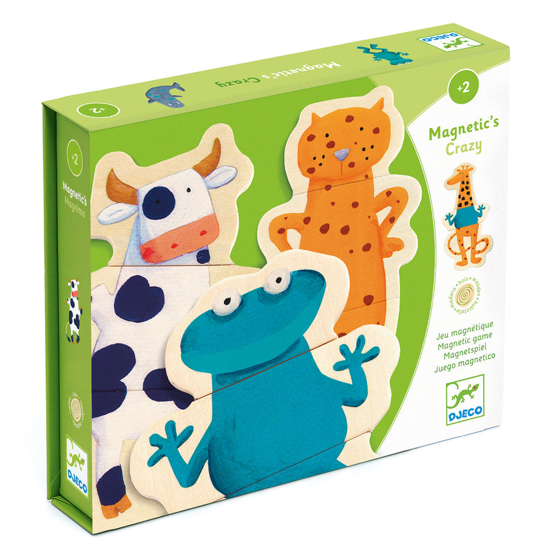 Djeco Crazy Animals set packaging displaying magnetic wooden pieces and example animal combinations, designed for ages 2+ to inspire storytelling and creativity.