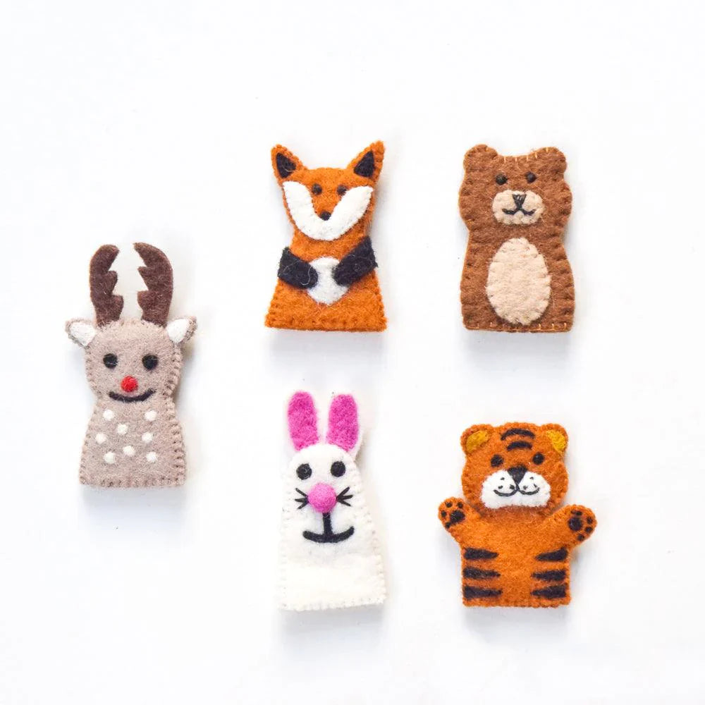 Top-down view of five wool finger puppets from Tara Treasures—woodland set includes reindeer, fox, rabbit, bear, and tiger on a white background.