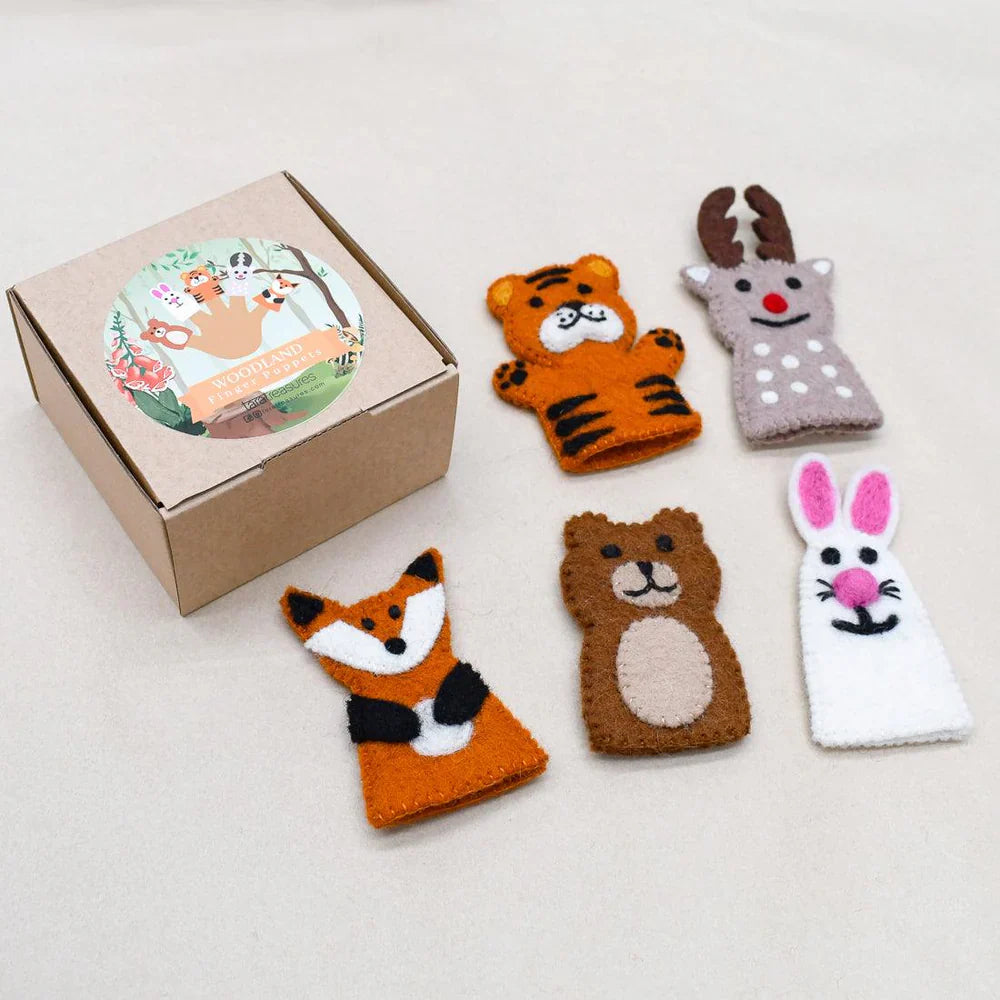 Woodland animal finger puppets arranged next to a Tara Treasures gift box, showcasing all characters in the set.