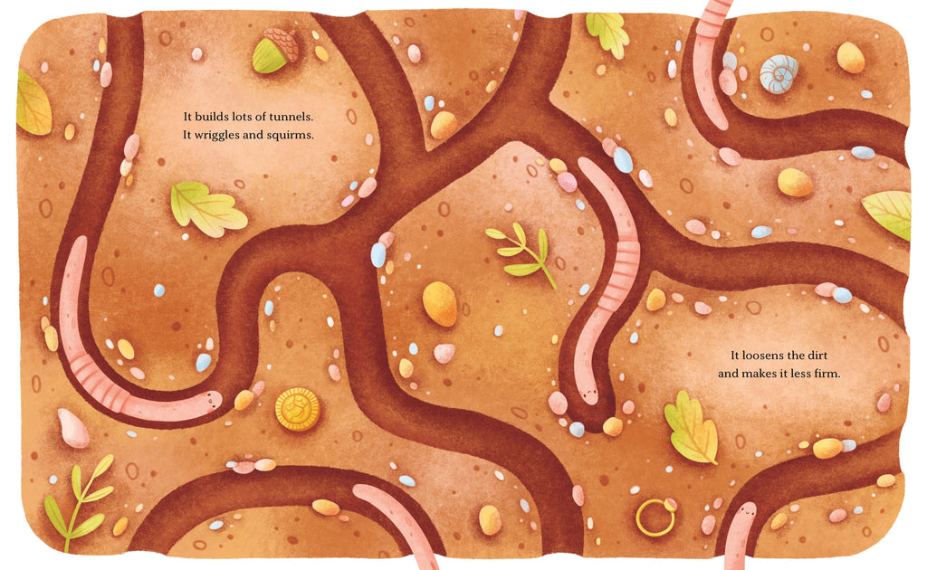 A zoomed-in look beneath the soil from Worms Are Our Friends, with numerous worms burrowing through richly textured tunnels surrounded by soil, leaves, and pebbles.