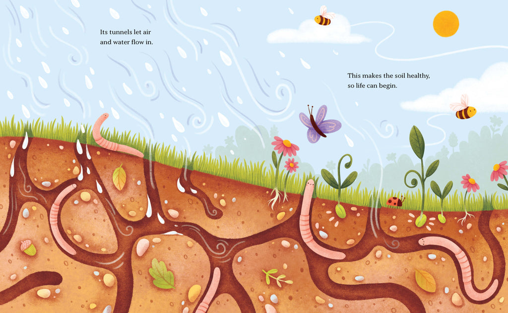 Illustrated inside spread from Worms Are Our Friends showing a cross-section of the earth beneath a garden, filled with winding worm tunnels, roots, insects, and raindrops falling above.