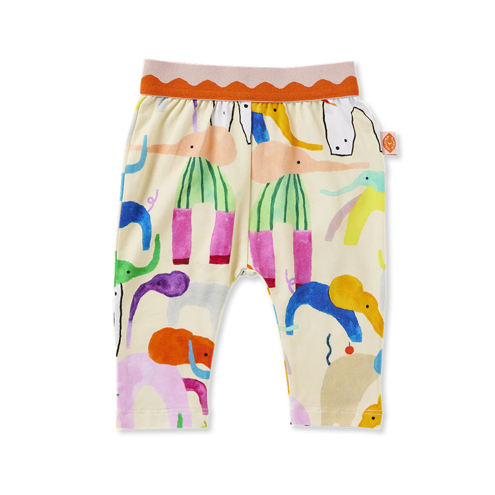 Flat lay of Halcyon Nights Happy Herd Baby Leggings with colourful illustrated animal print and a pink-orange elastic waistband.