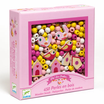 Angled view of Djeco wooden bead set in pink box, showing colourful beads with bird and birdhouse charms, labelled 450 pieces.