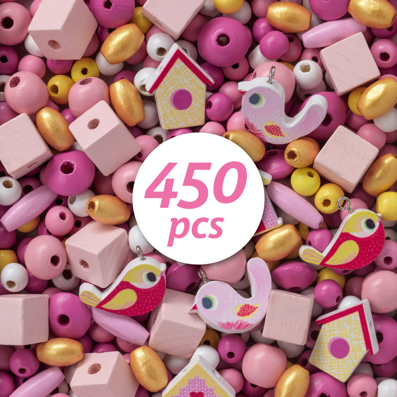 Top-down image of Djeco bird-themed wooden beads in pink, white, and yellow tones with “450 pcs” label at the centre.