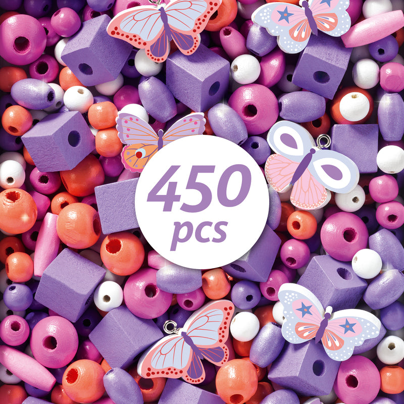 Close-up view of 450 colourful wooden beads and butterfly charms in vibrant pink, purple, and orange tones.