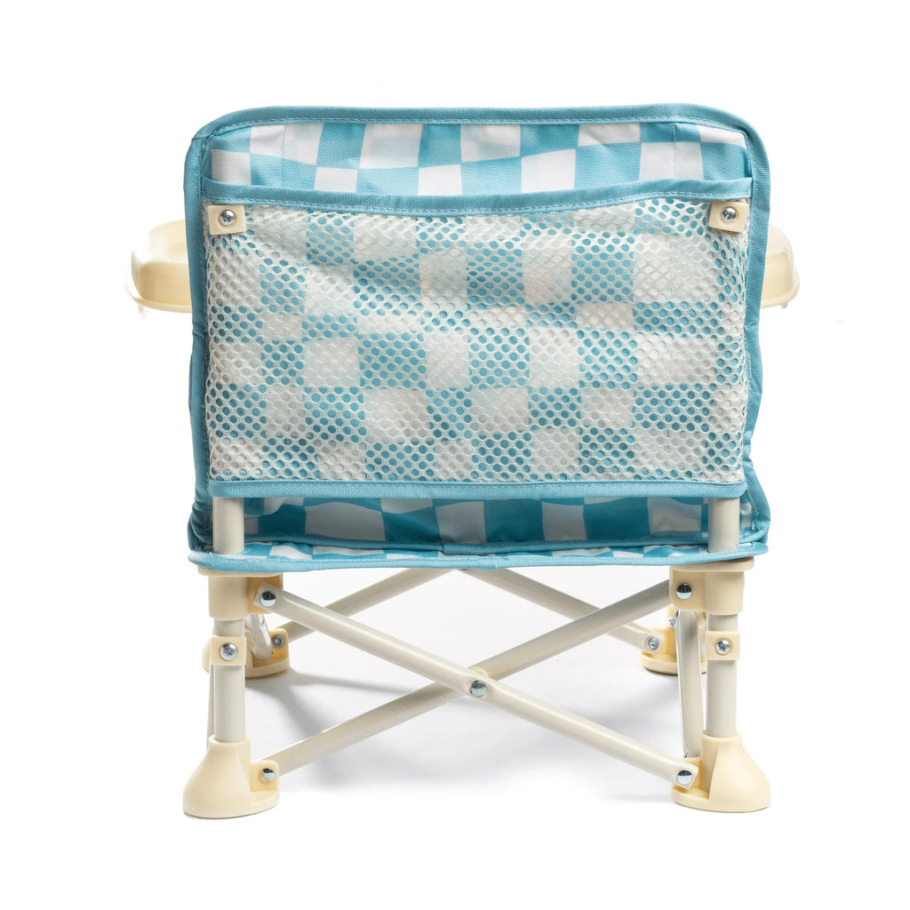 Back view of the Izimini Baby Chair in the Harper design, featuring a blue and white checkered pattern with a mesh pocket on the backrest.
