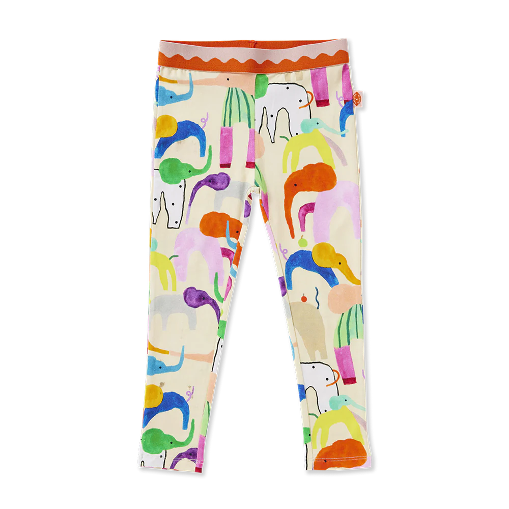 Flat lay of Halcyon Nights Happy Herd Kids Leggings featuring colourful elephant print and orange scalloped elastic waistband.