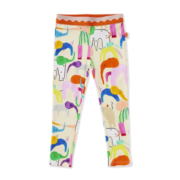Flat lay of Halcyon Nights Happy Herd Kids Leggings featuring colourful elephant print and orange scalloped elastic waistband.