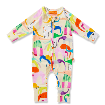 Flat lay of Halcyon Nights Happy Herd long sleeve romper featuring a playful all-over animal print in bright pastel colours on cream background.