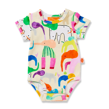 Flat lay of Halcyon Nights Happy Herd short sleeve baby bodysuit, featuring a cream base with vibrant, colourful animal illustrations all over.